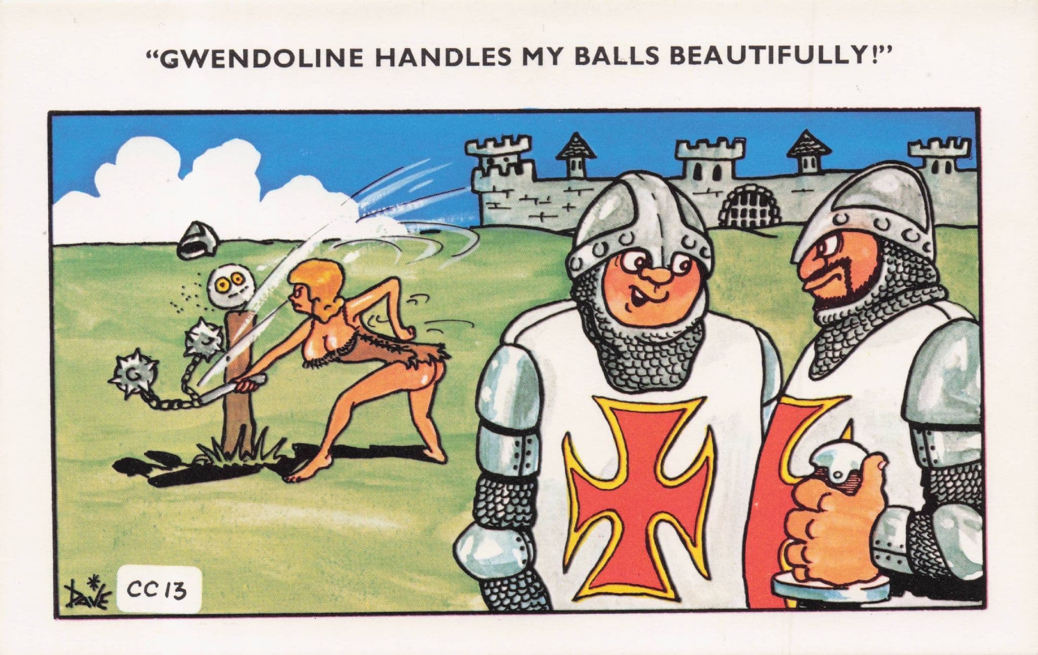 Knights Templar Strong Lady Castle Games Vintage Comic postcard