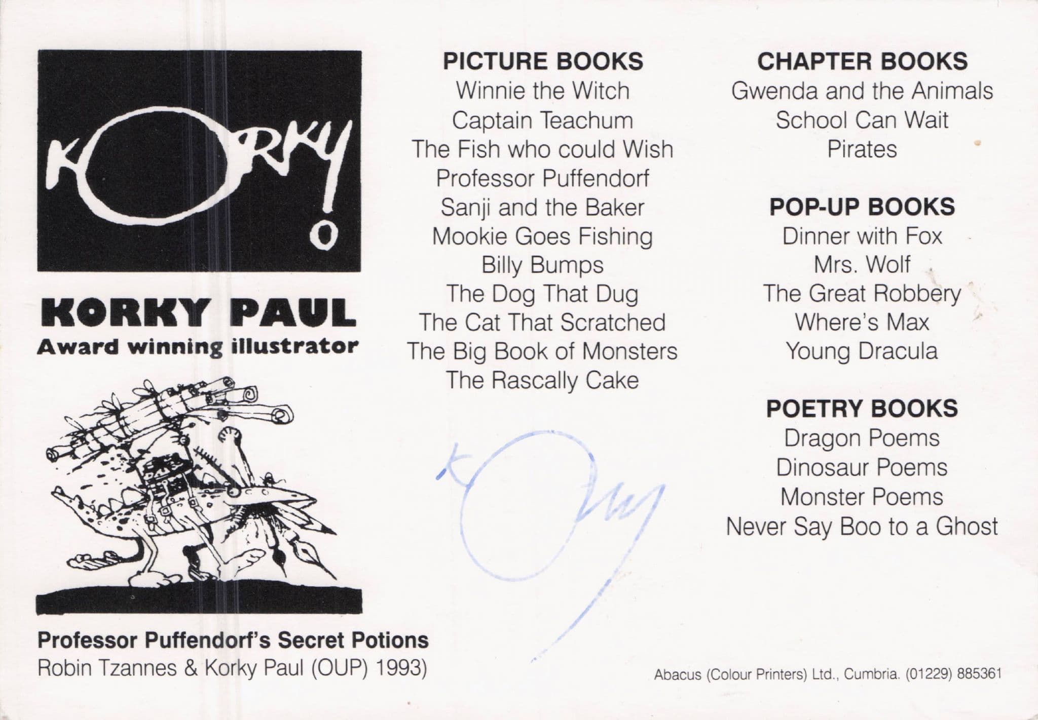 Korky Paul Art Illustrator Hand Signed Postcard Autograph