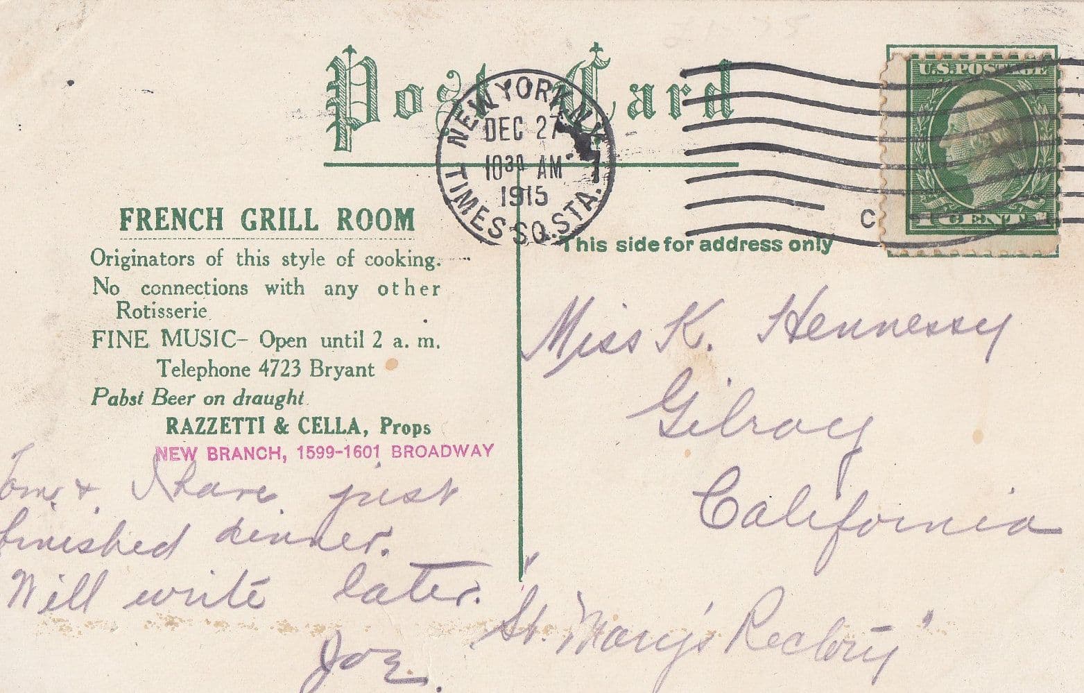 La Parisienne Rotisserie French Grill Room WW1 Advertising New York Postcard