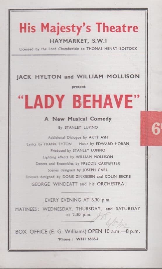 Lady Behave Jack Hylton Musical His Majestys Theatre Programme