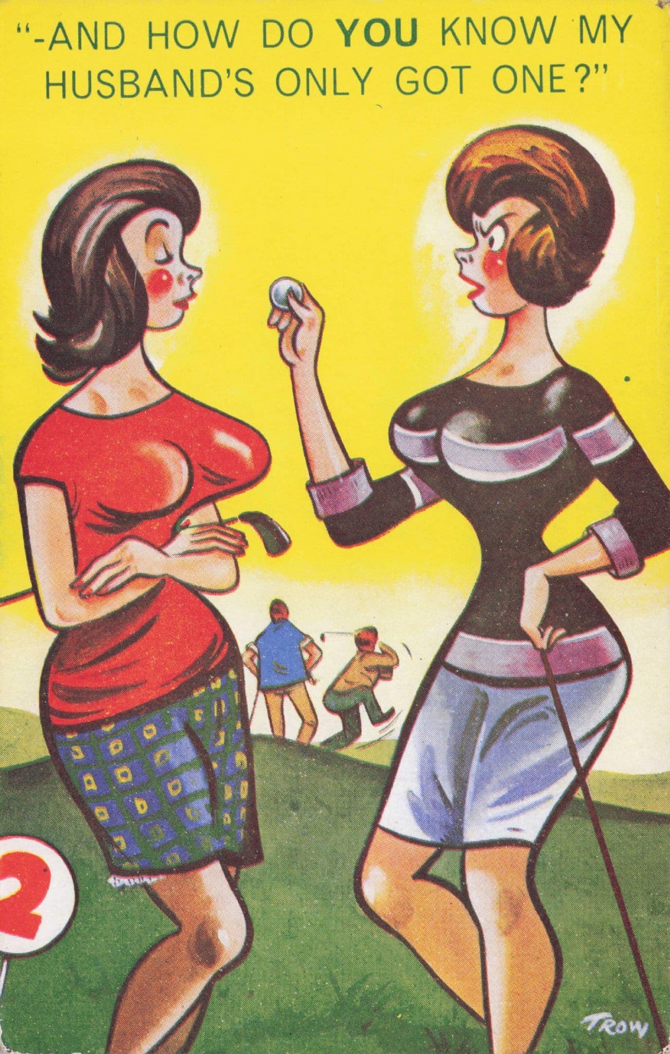 Lady Golfer Husband Has One Ball Comic 1960s Golf Postcard