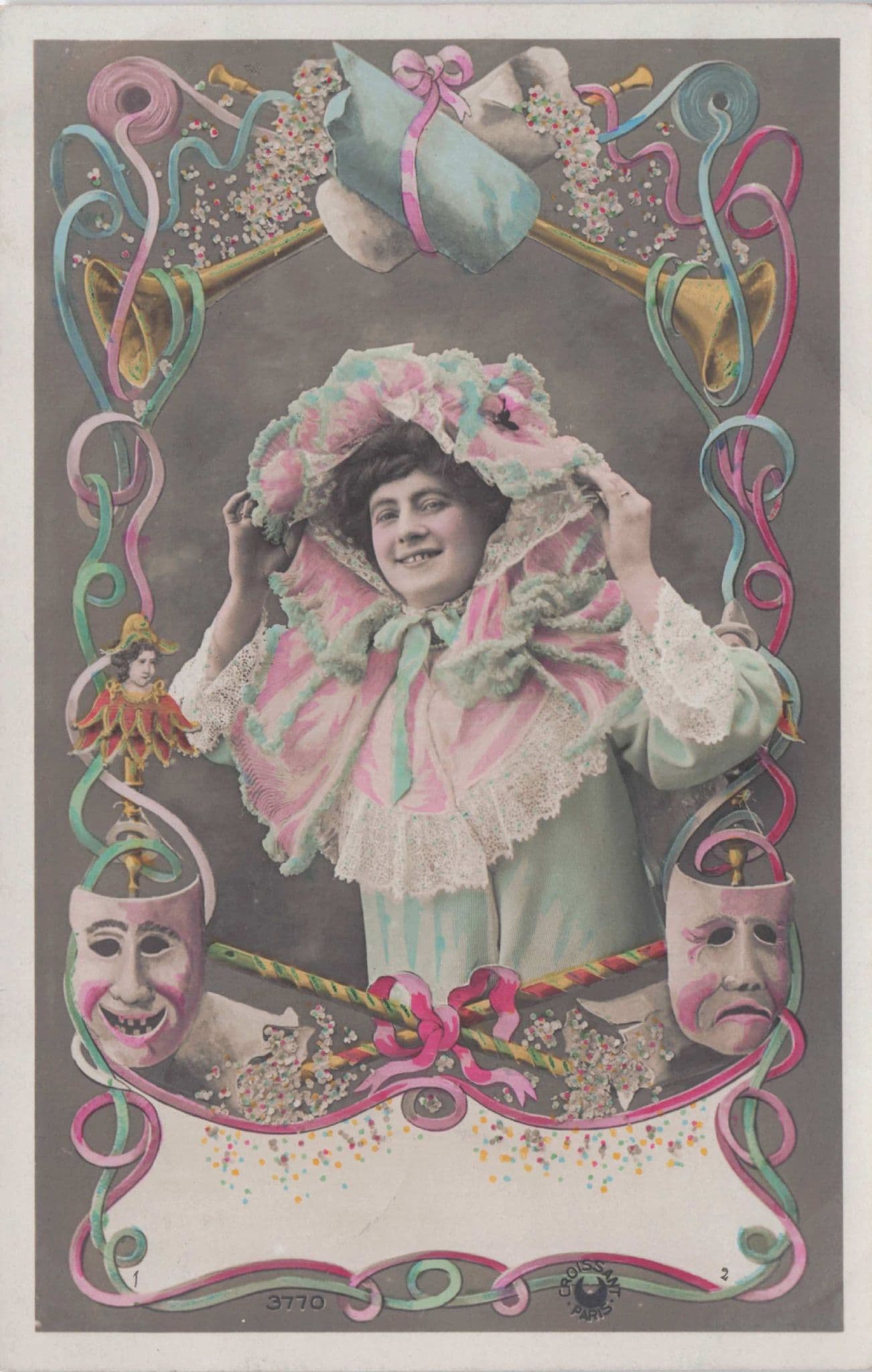 Lady Headwear Fashion Glamour Drama Mask Toy Puppet Glamour Secret Code Old Postcard