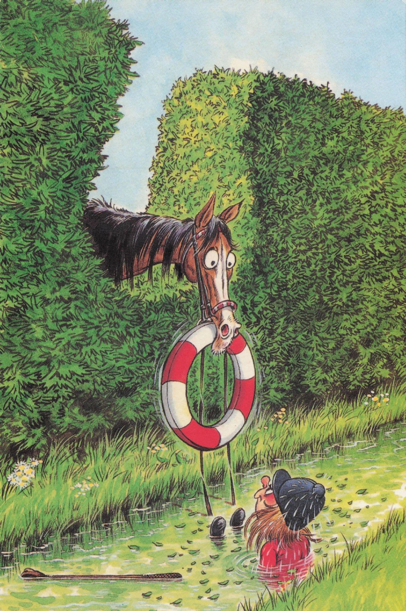 Lady Horse Rider Equestrian Falls In River Disaster Comic Postcard