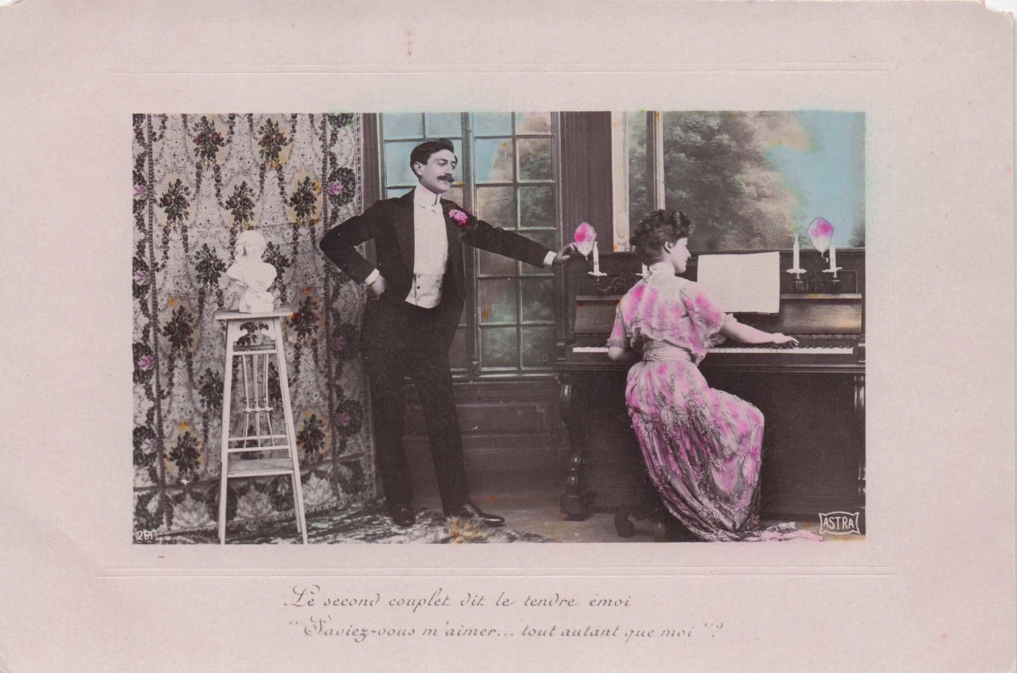 Lady Playing Romantic Piano By Old Bust StatueFrench Secret Code Lovers RPC Old Postcard