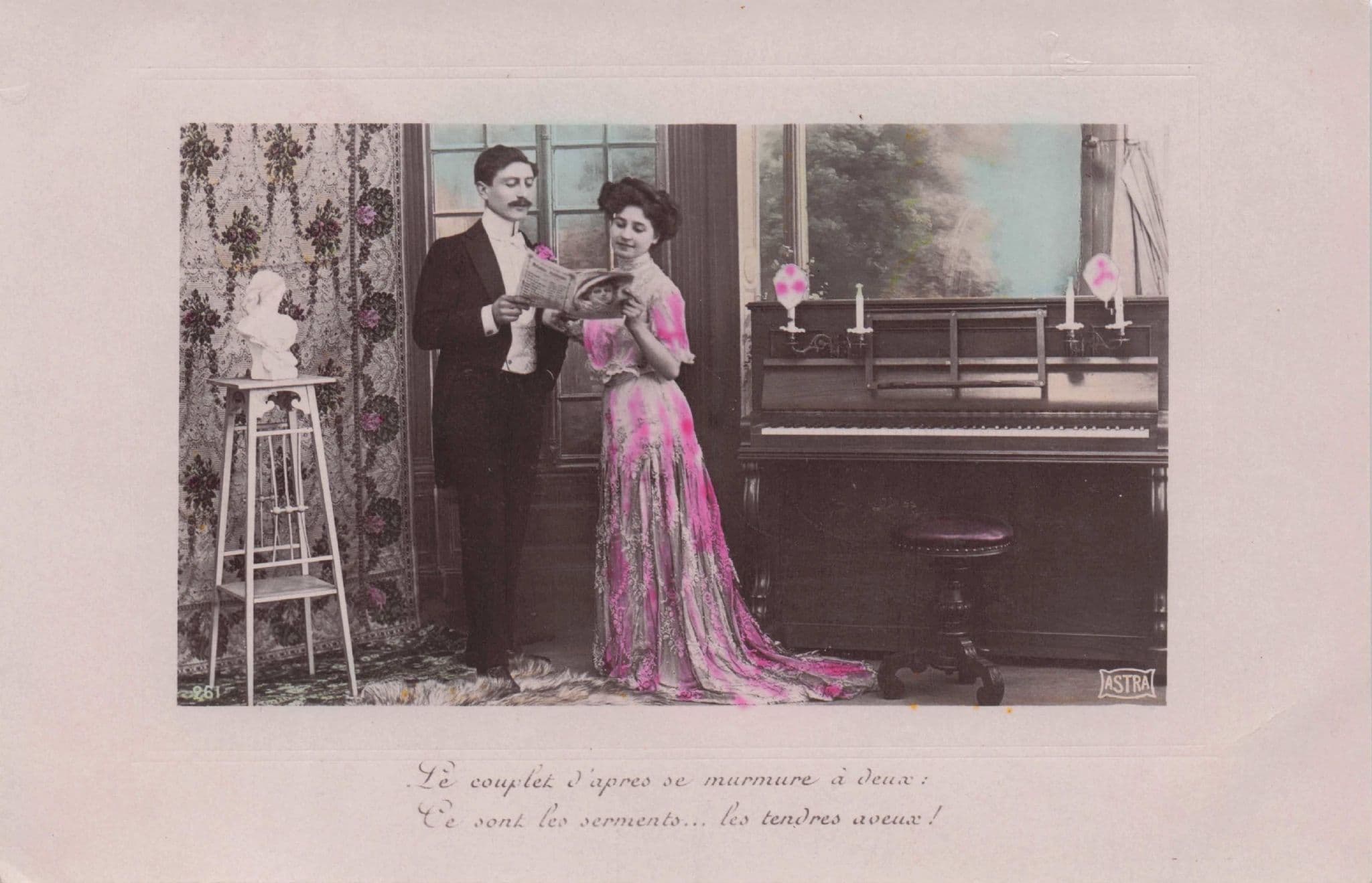 Lady Reads Book at Piano By Old Statue Bust Lovers Code RPC French Postcard