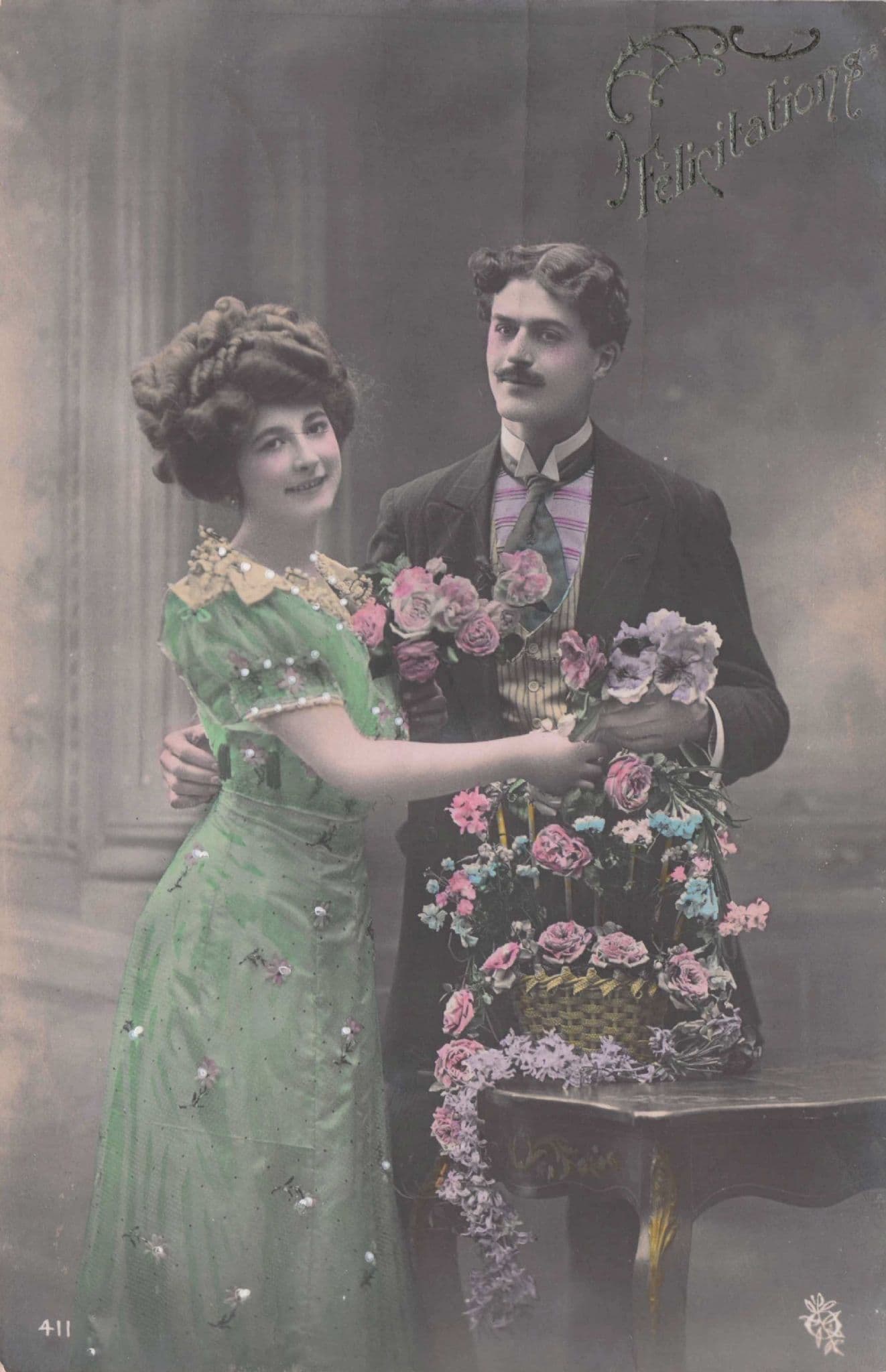 Lady Siren Green Dress Flower Basket Real Glitter Secret Code Old French Glamour Postcard