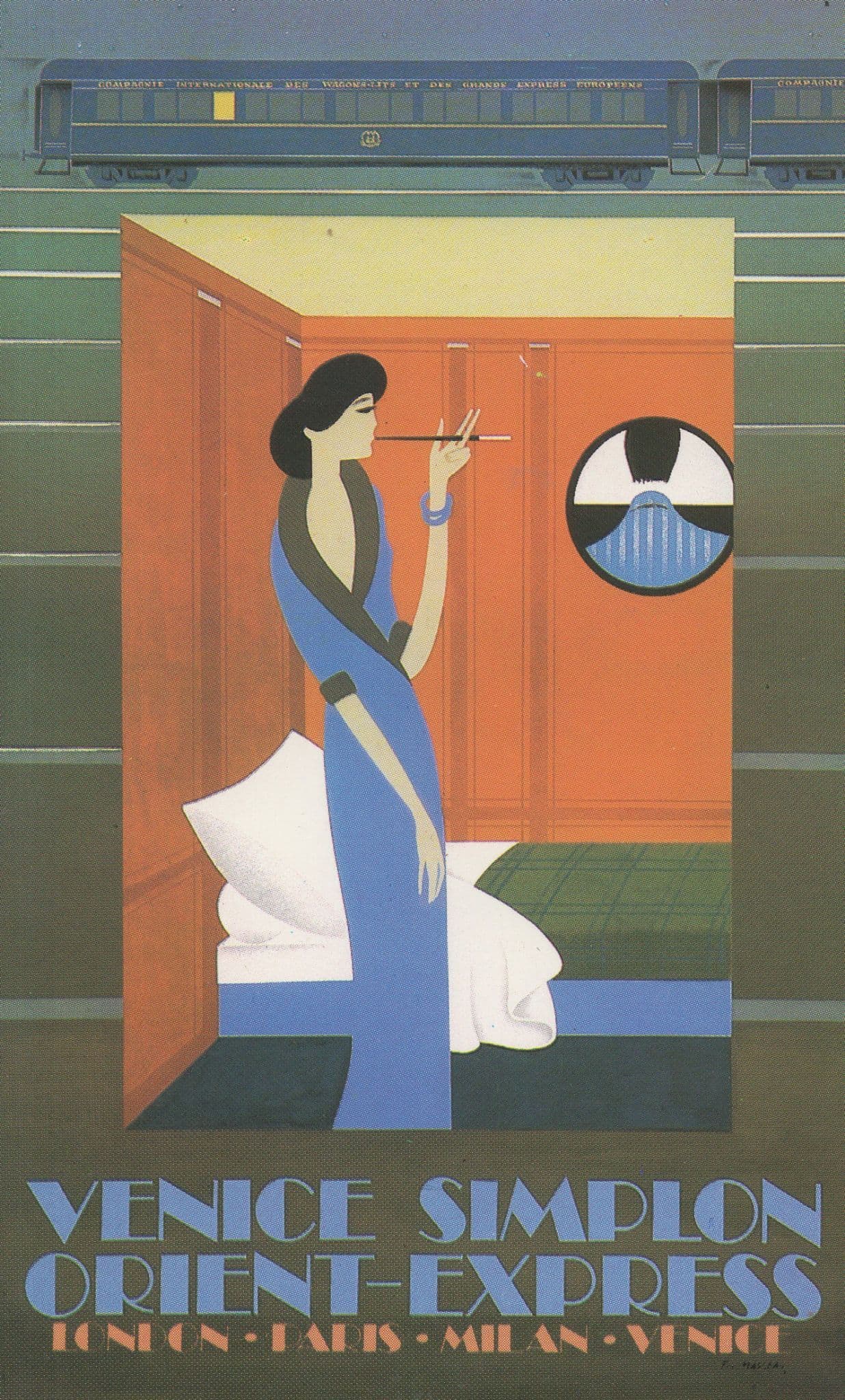 Lady Smoking In Orient Express Train Art Deco Poster Postcard