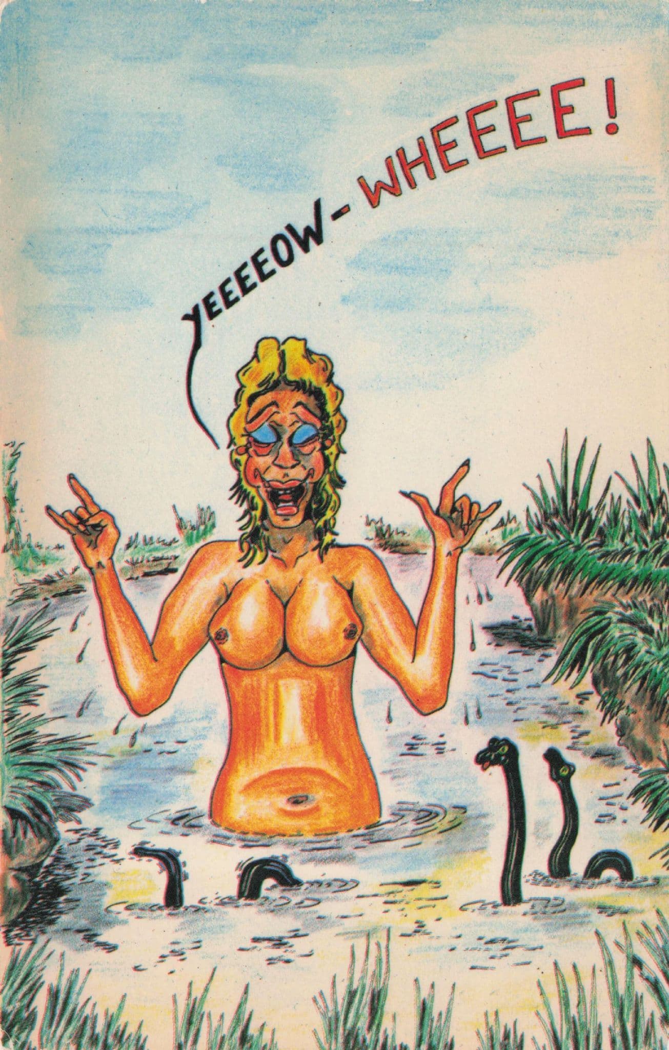 Lady Swimming With Miniature Loch Ness Monster Fish Comic Postcard