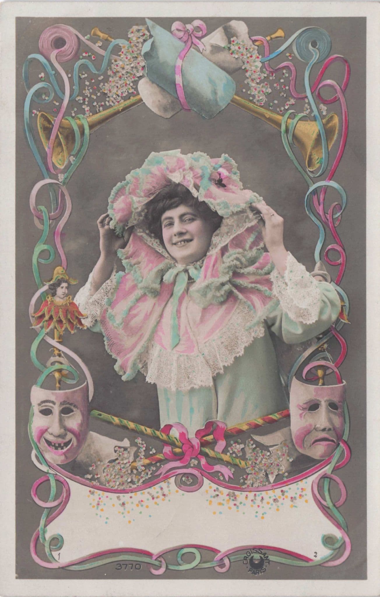 Lady Theatre Mask Toy Puppet Glamour French Secret Code Postcard