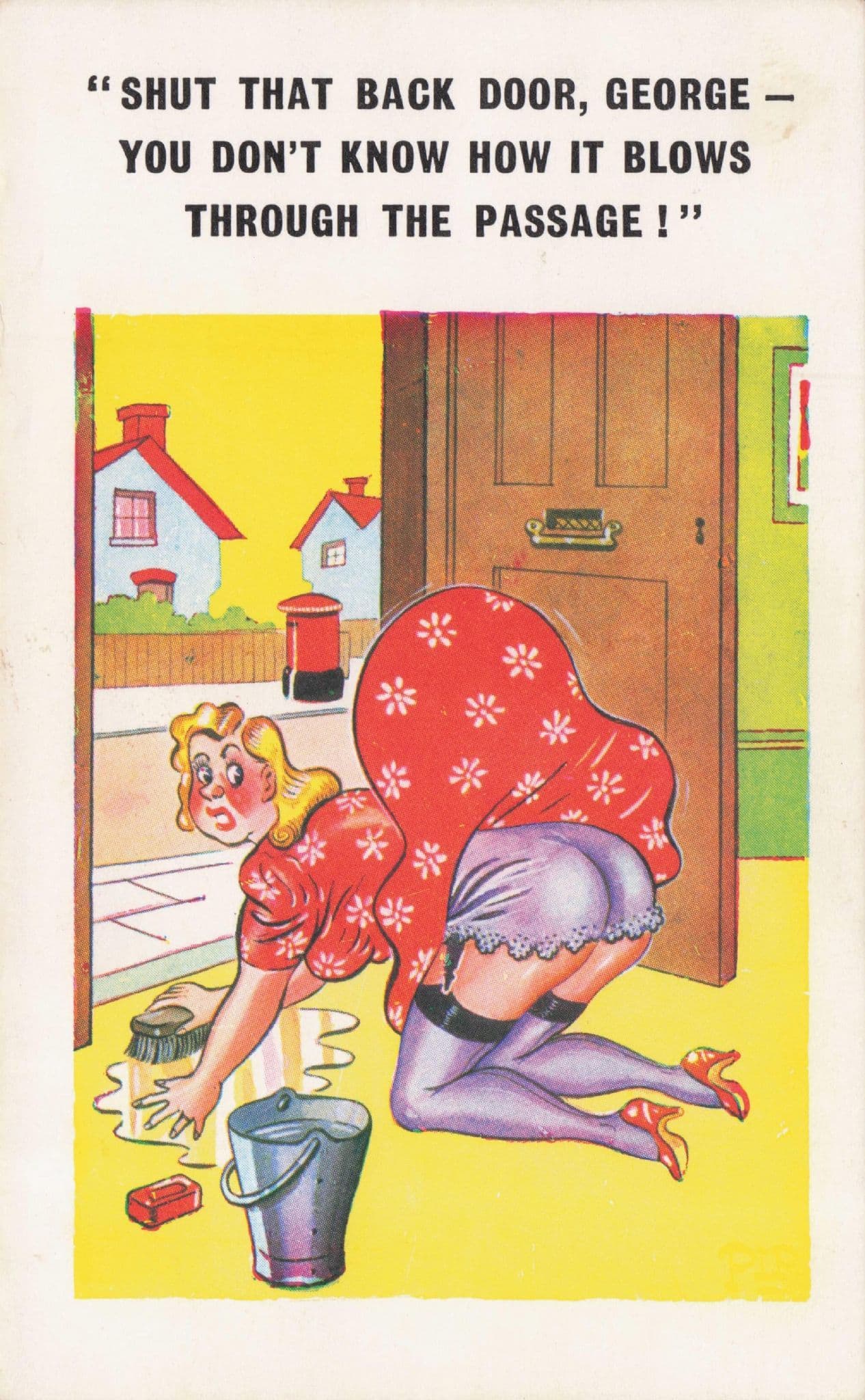 Lady Upskirt Wind Sexy Stocking Reveal Mopping Floor Comic Postcard