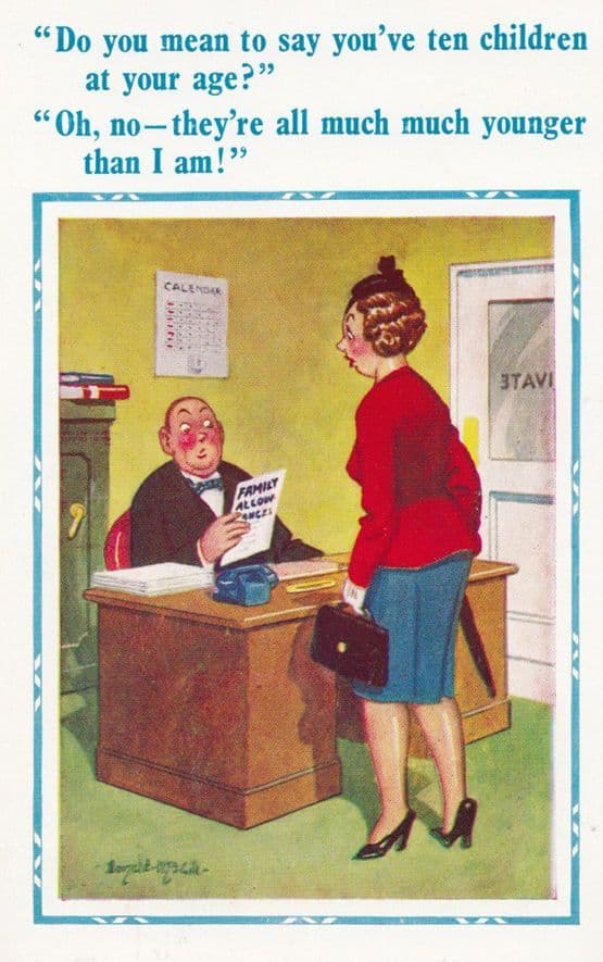 Lady With 10 Children Benefits In Family Allowances Office Comic Humour Postcard