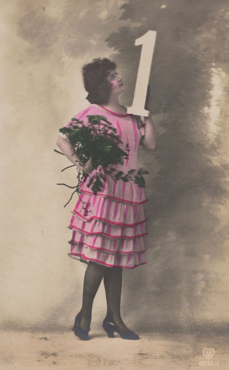 Lady With Big Letter Number One 1 Sign Antique Glamour Postcard