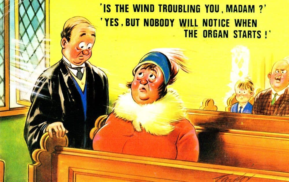 Lady With Wind In Church Farting Organ Comic 1970s Postcard