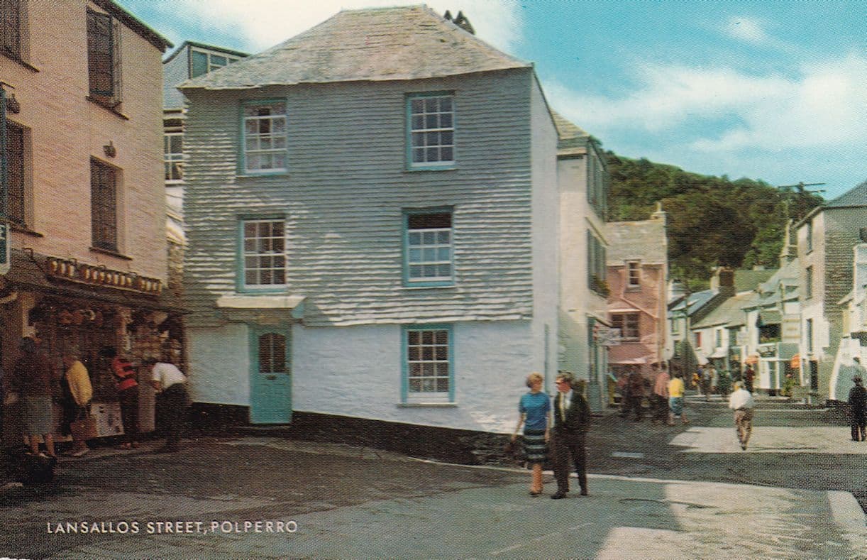Lansallos Street Polperro 1960s Postcard Cyclist Postcard