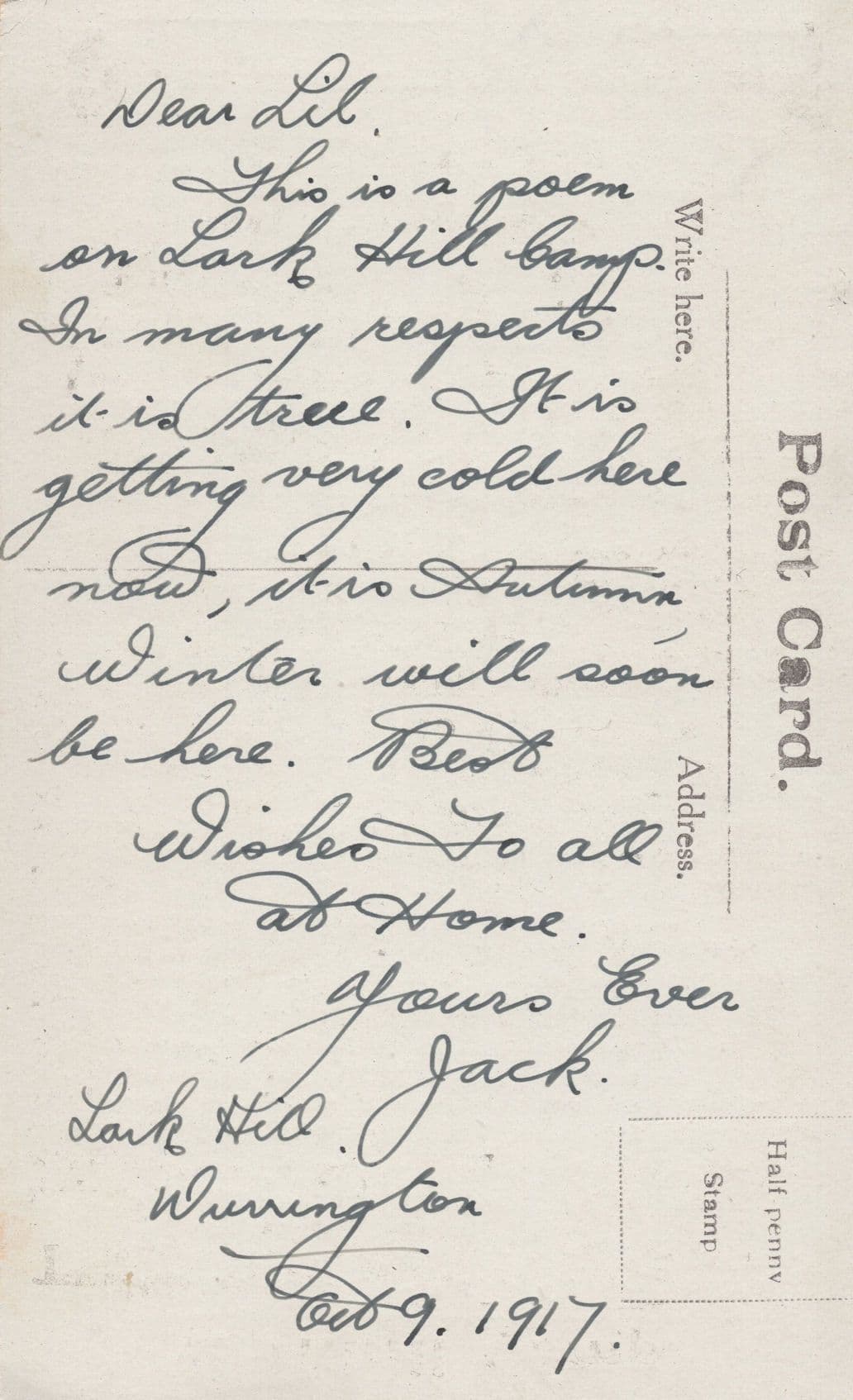 Larkhill Camp SENT BY SOLDIER STATIONED THERE WW1 War Postcard