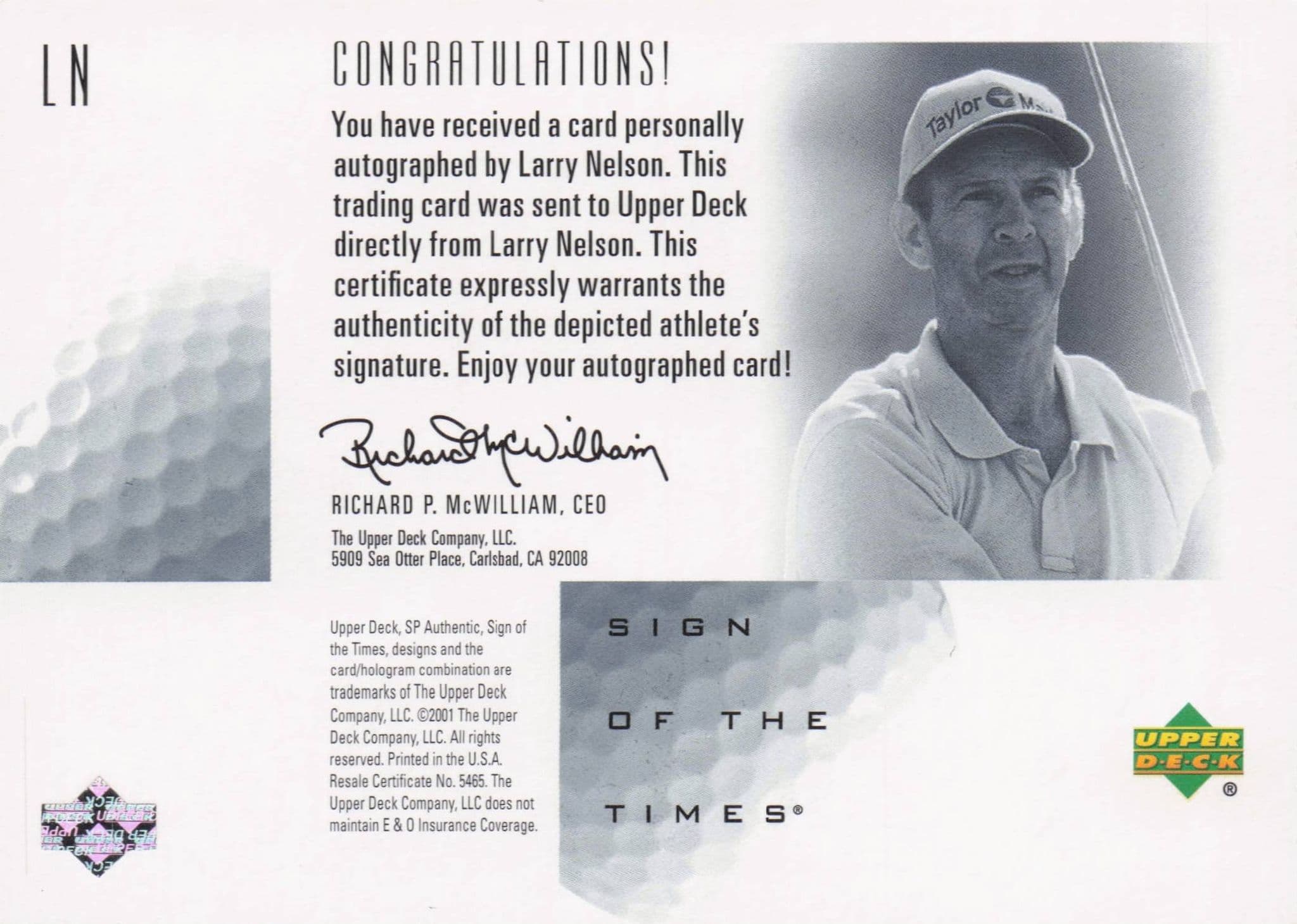 Larry Nelson Sign Of The Times Hand Signed 2001 SP Golf Autograph Card