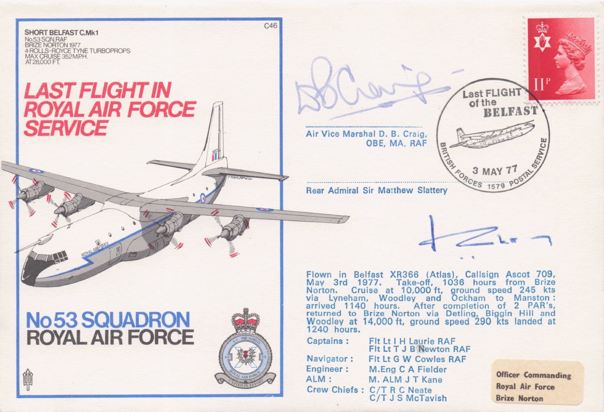 Last Flight Of The RAF Belfast DOUBLE Hand Signed 1977 FDC