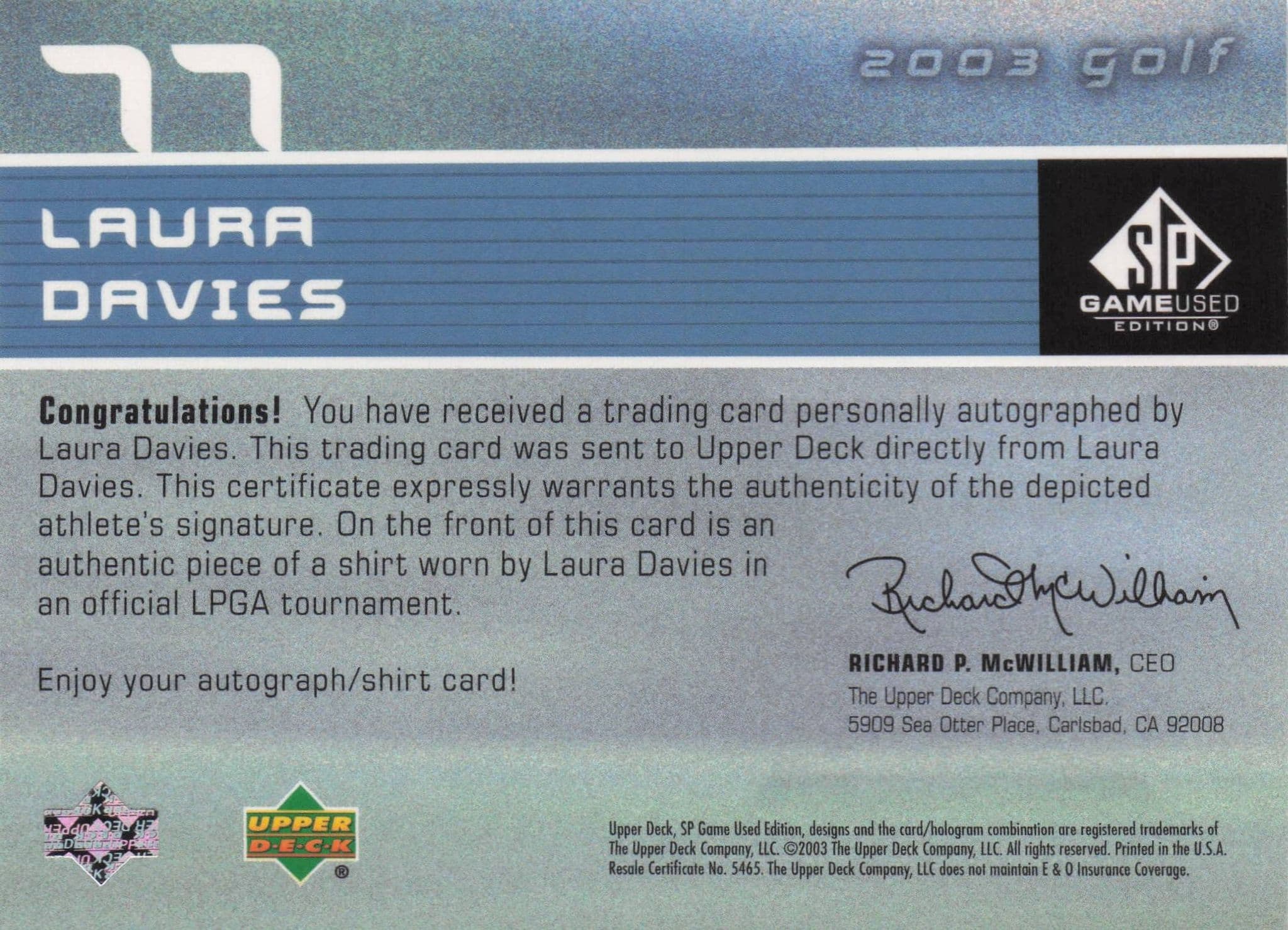 Laura Davies First Tee SP 2003 Golf Hand Signed Worn PGA Shirt Card