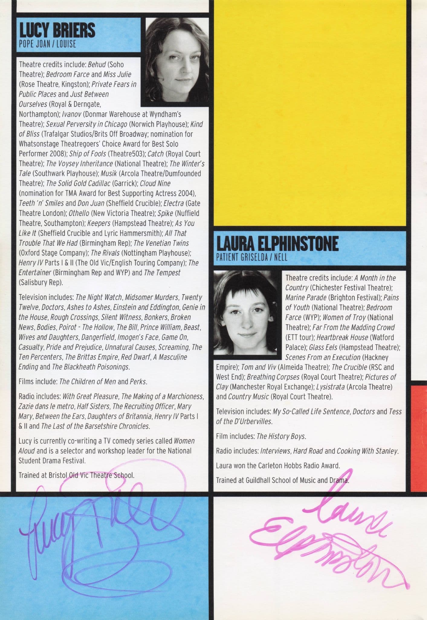 Laura Elphinstone Lucy Briers Top Girls Hand Signed Theatre Photo Page