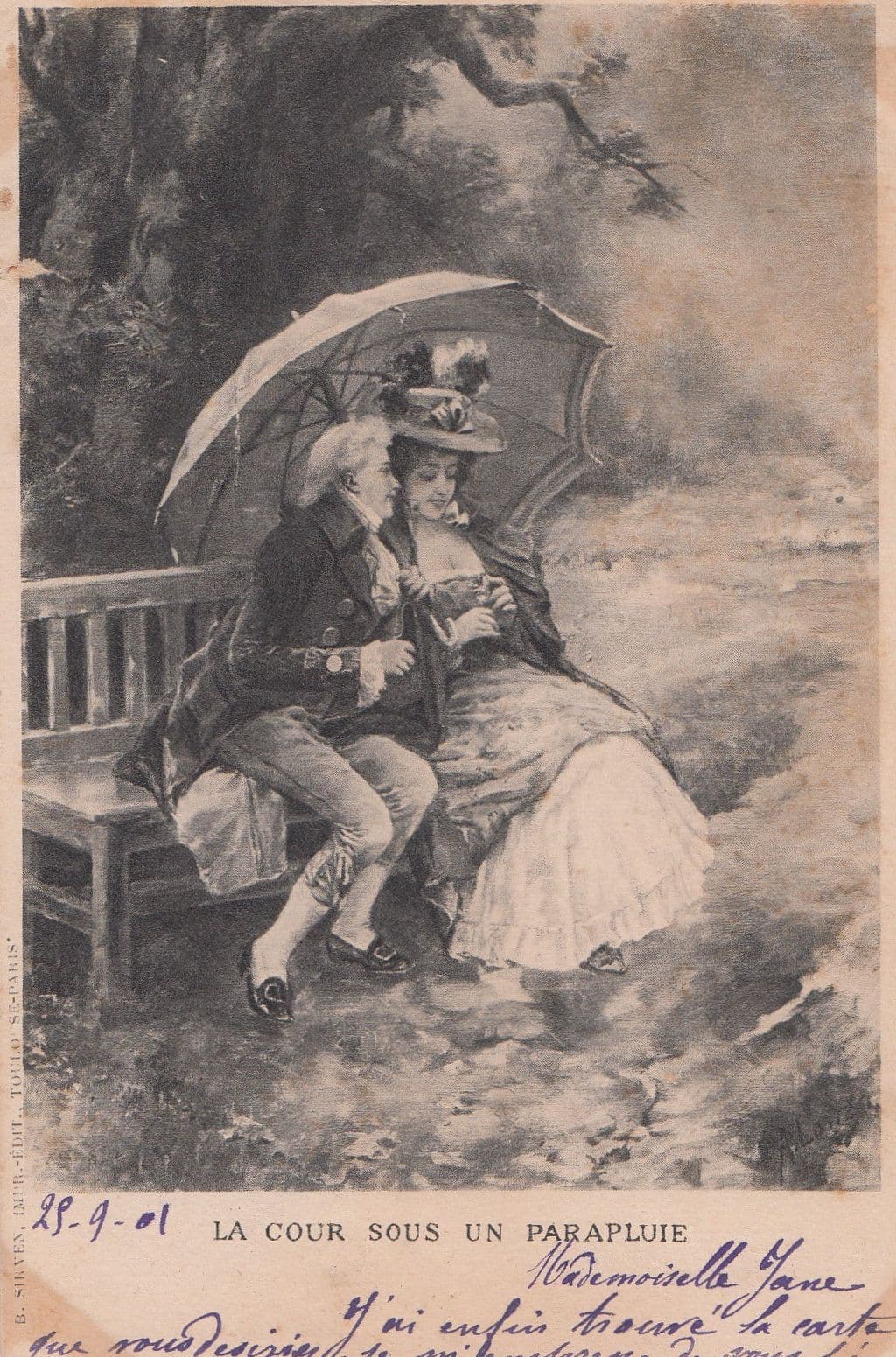 Le Cour Sous Un Parapluie French Maybe Earliest Umbrella Antique Postcard