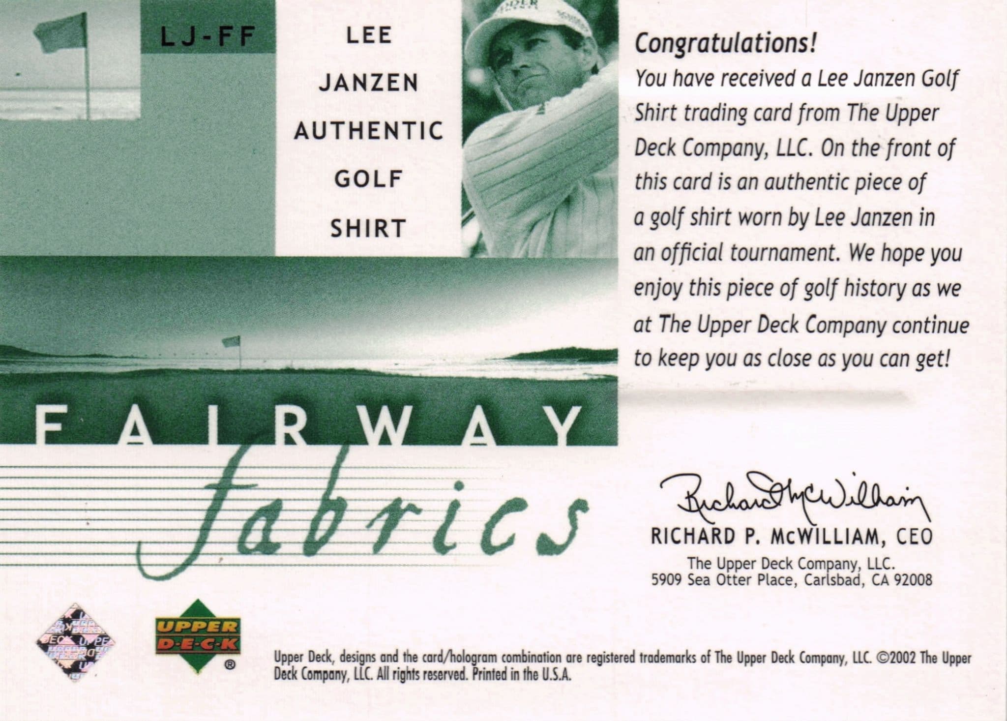 Lee Janzen Fairway Fabrics 2002 Golf Upper Deck Real Worn Shirt Relic Card