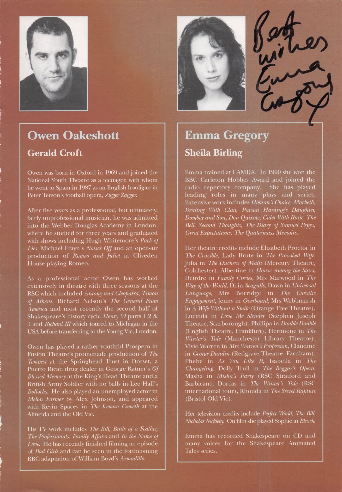 Leila Hoffman Harry Potter Emma Gregory Warhammer Hand Signed Theatre Page