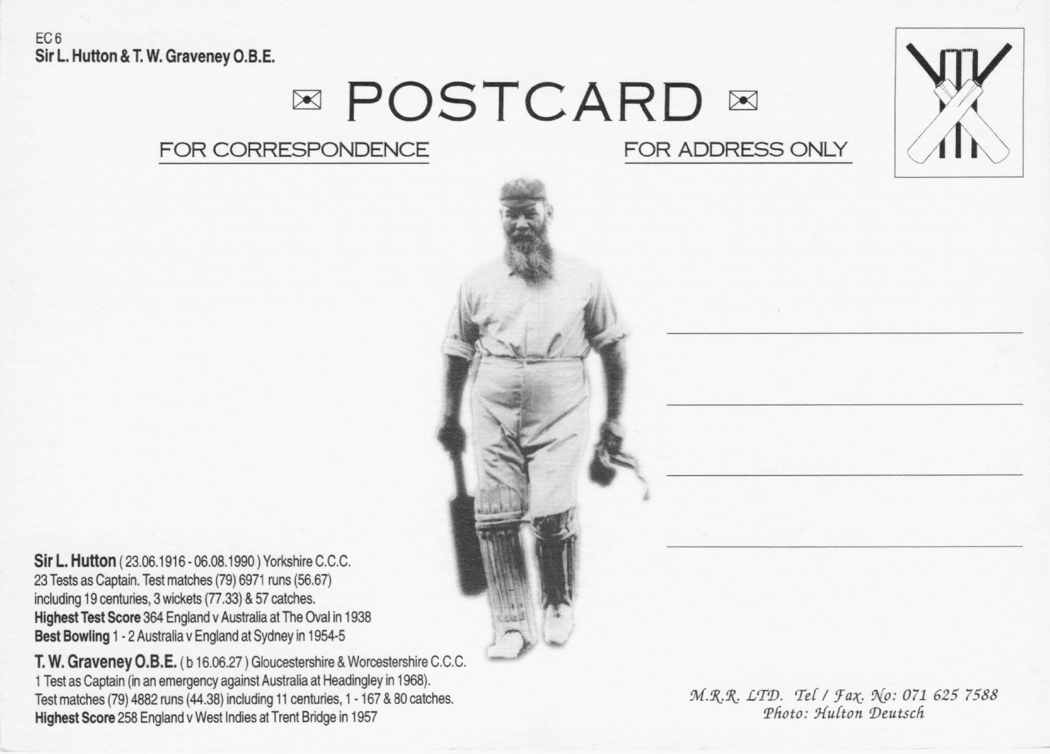 Len Hutton & Tom Graveney English Cricket OBE Photo Rare Postcard