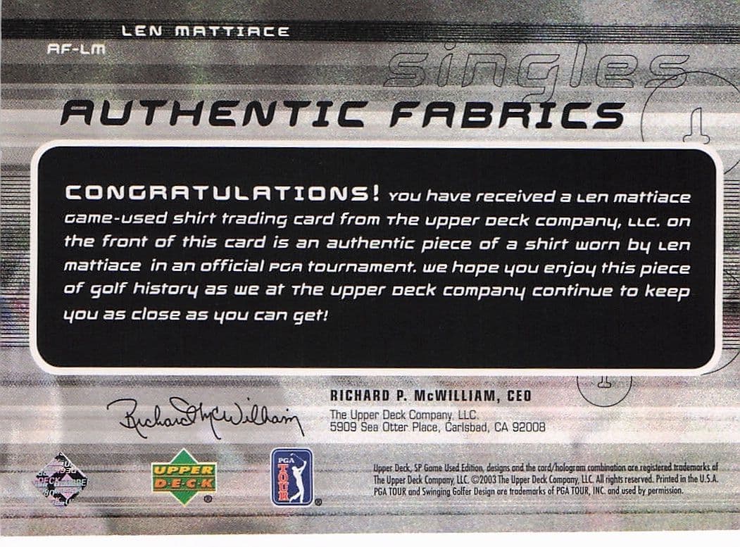 Len Mattiace Authentic Fabrics Singles 2003 Golf Upper Deck Worn Shirt Card