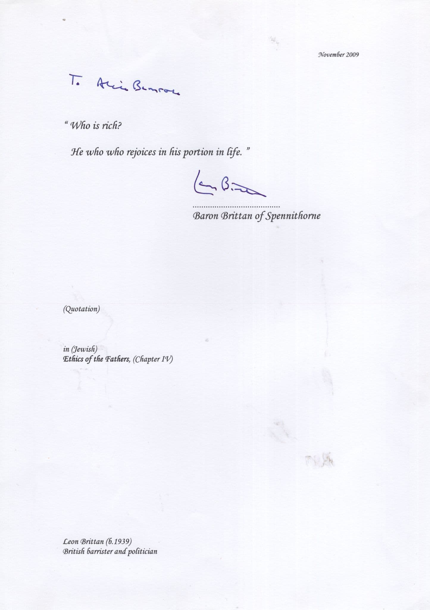 Leon Baron Brittan Spennithorne Hand Signed Conservative MP Letter