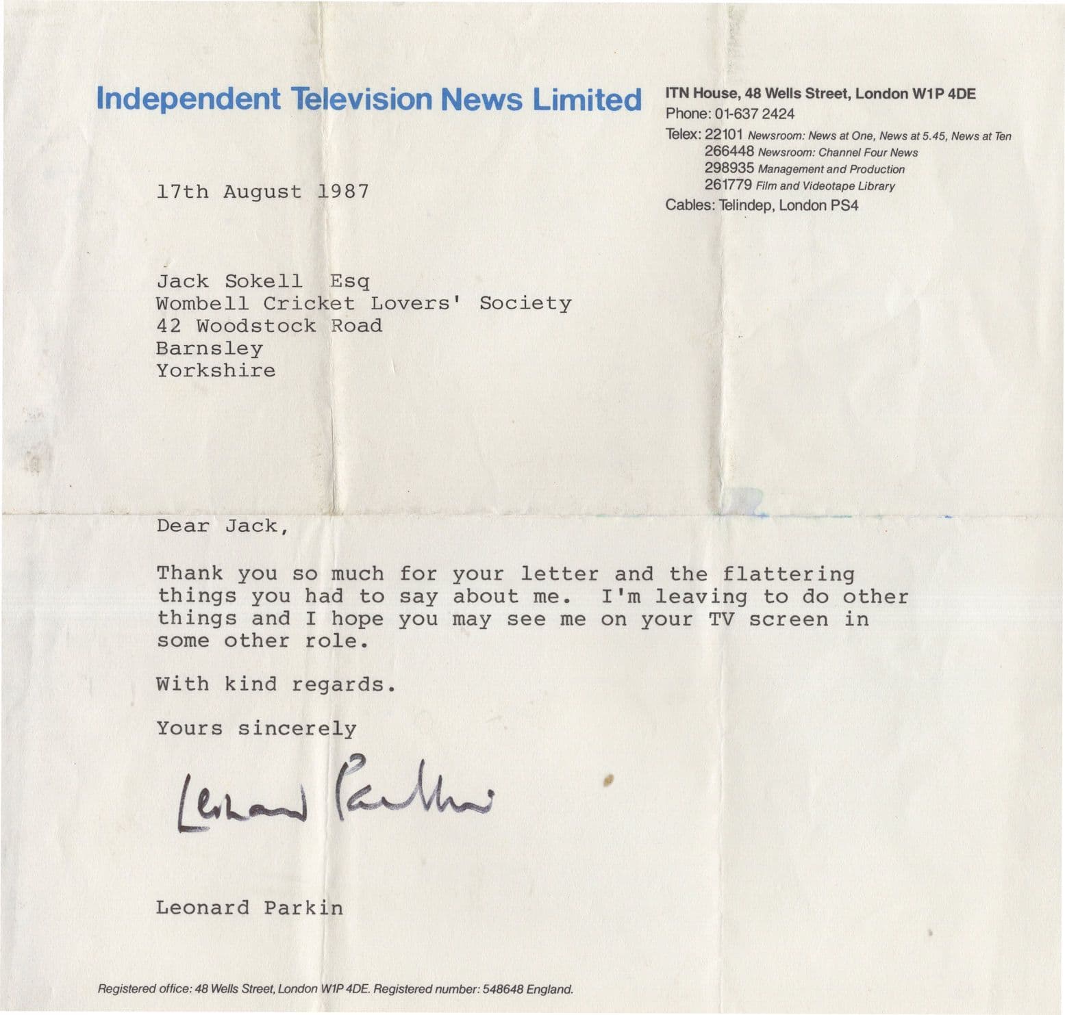 Leonard Parkin News Reader I'm Leaving ITN Hand Signed ITV Letter