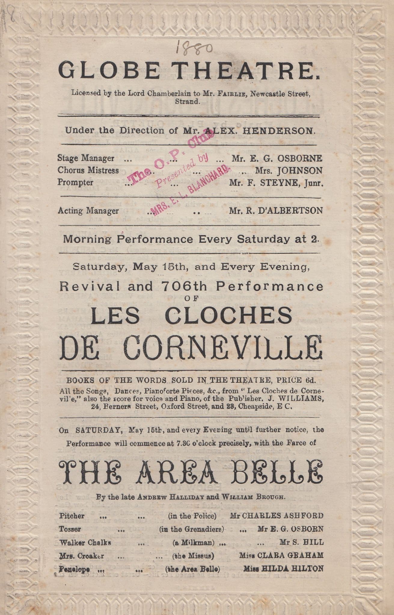 Les Cloches De Corneville Horror Clocks Globe Theatre 1880 Victorian Theatre Programme
