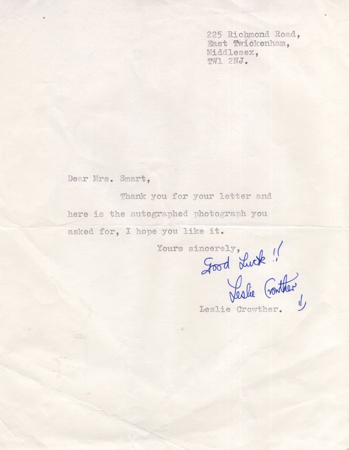Leslie Crowther Vintage Hand Signed Autograph Letter