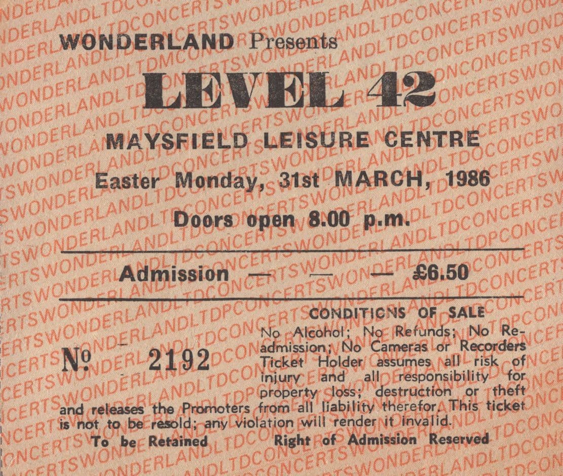 Level 42 Maysfield Leisure Centre Belfast Irish 1986 Concert Ticket