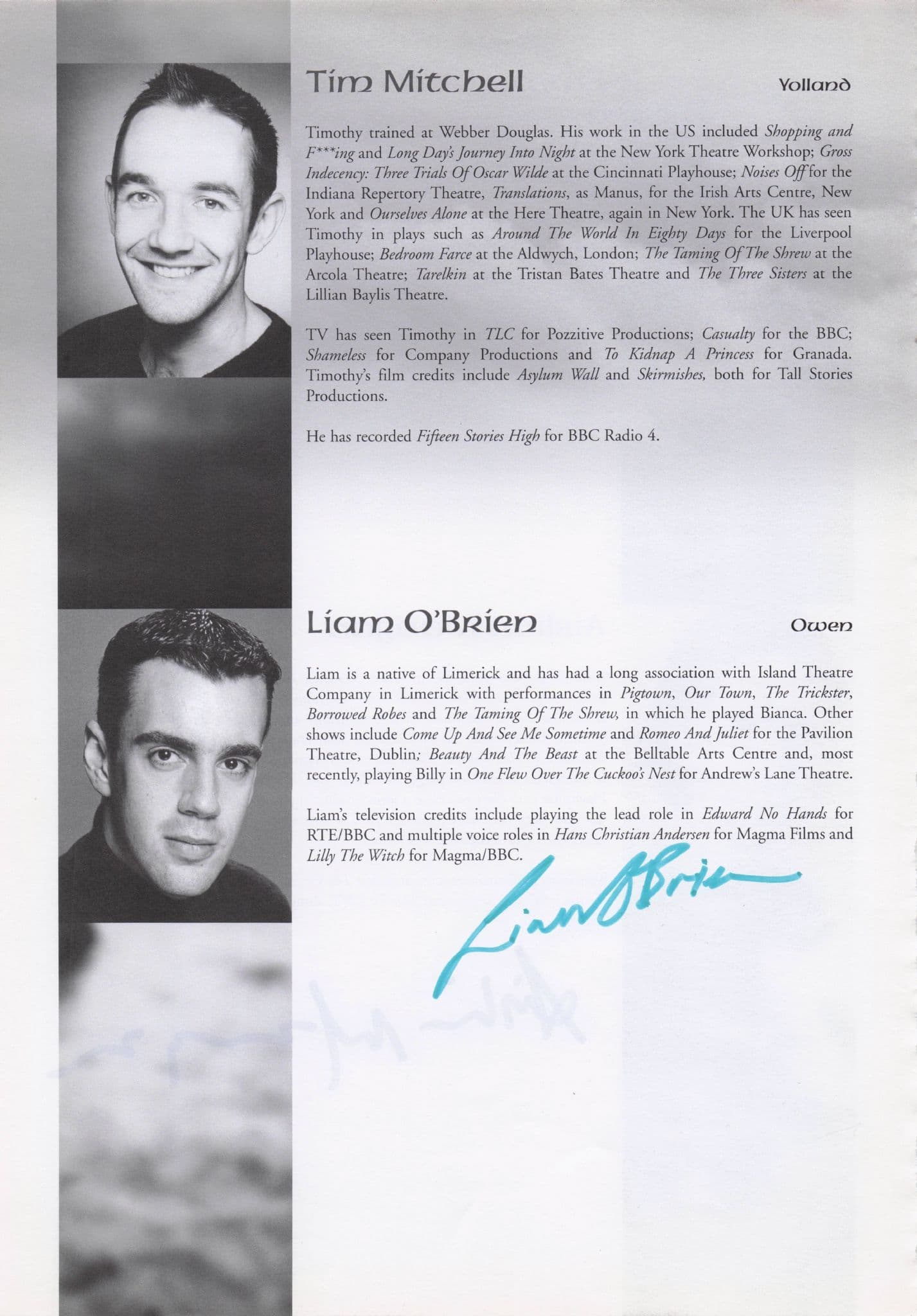 Liam O'Brien Dungeons & Dragons Naruto Persona 3 Hand Signed Theatre Page