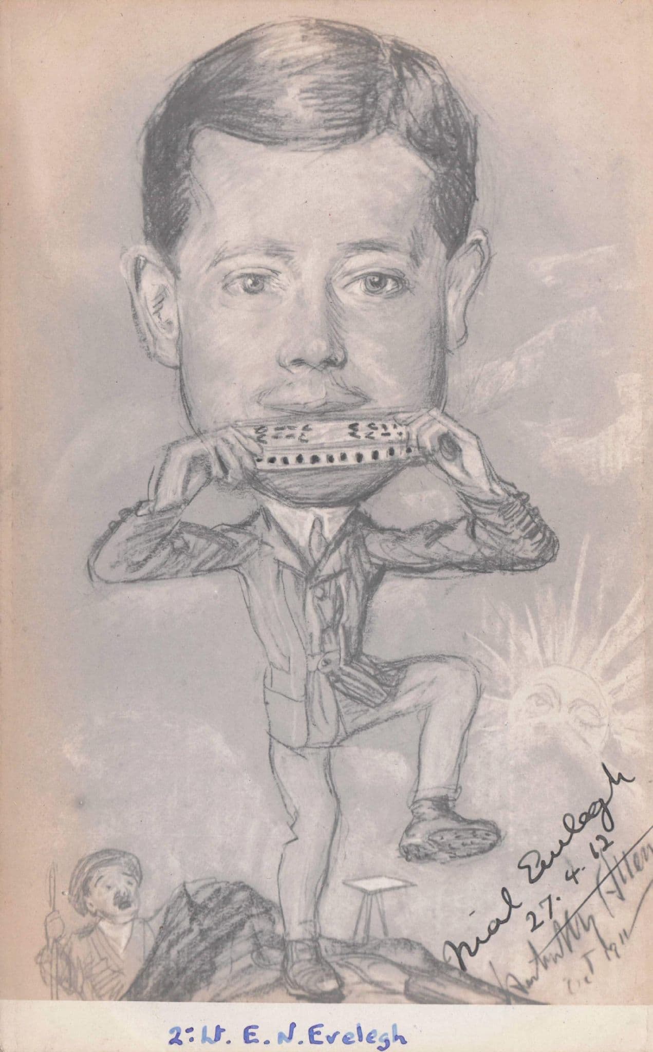 Lieutenant Elagh Mad Musician Harmonica Military Old Comic Hand Signed Postcard
