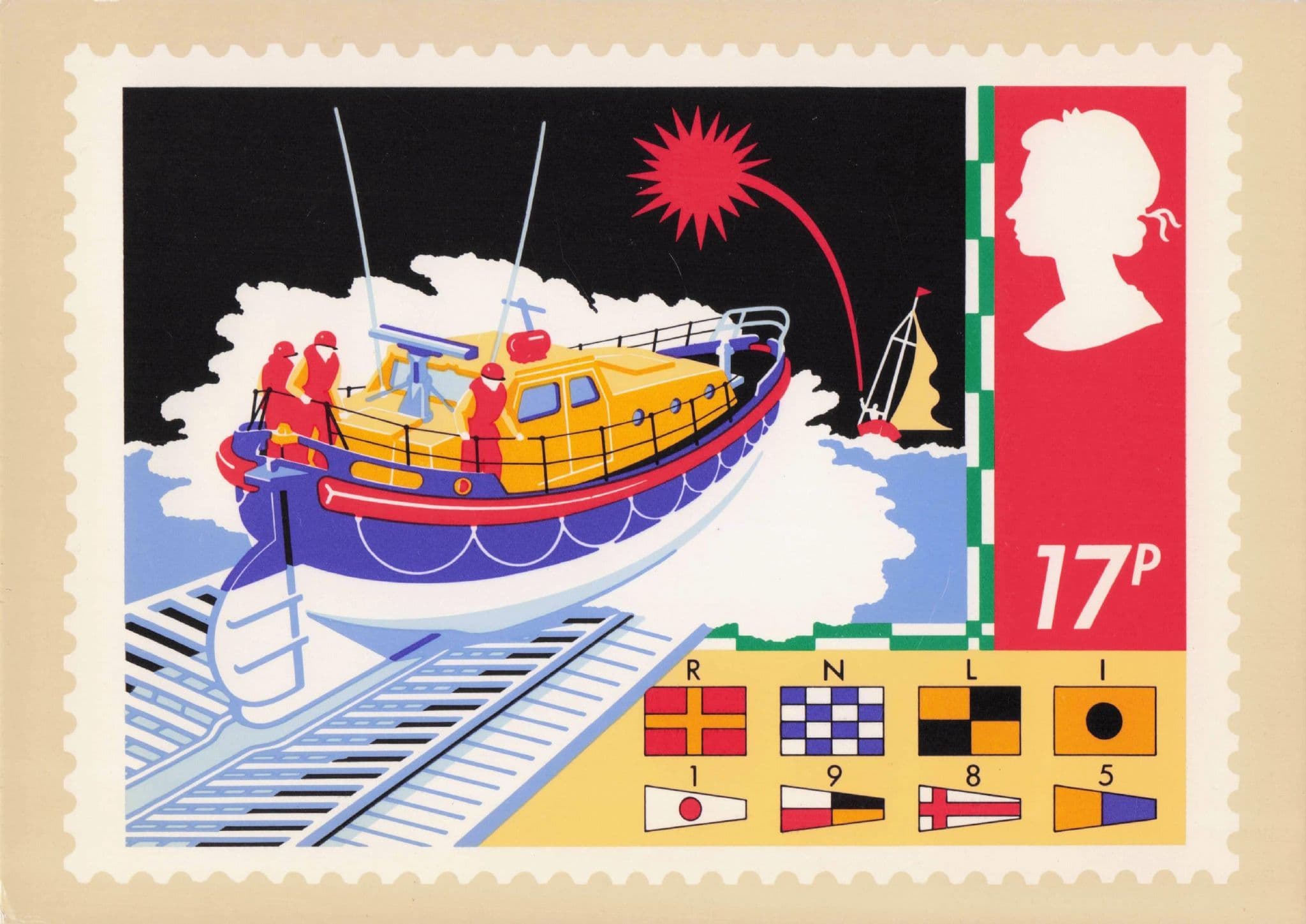 Lifeboat Sea Flags Safety Night Patrol Royal Mail Stamp Ltd Postcard