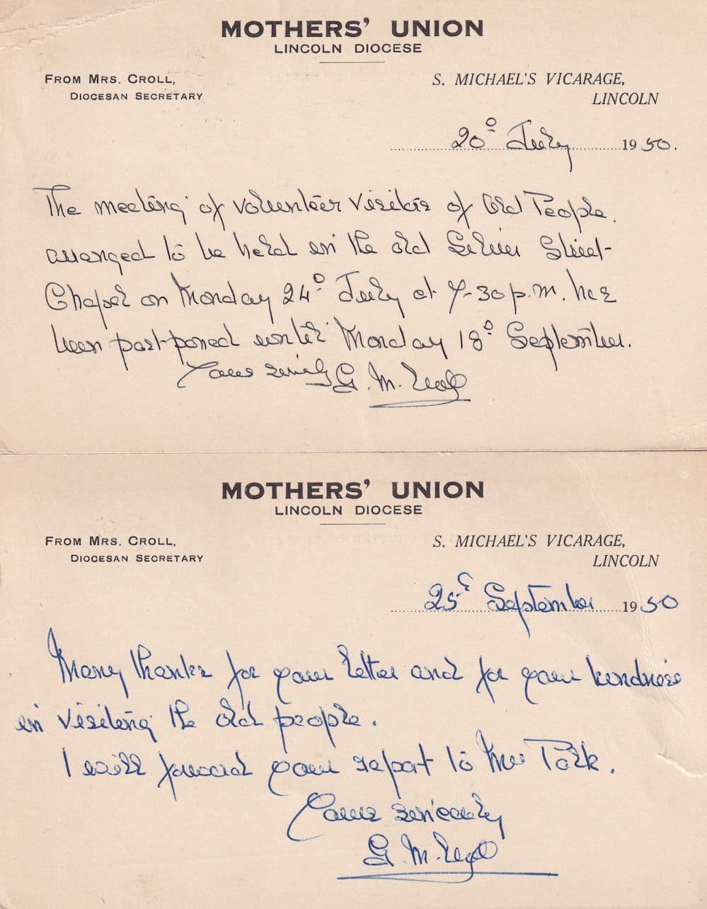 Lincoln Diocese Mothers Union OAP Visit 2x Old Postcard s
