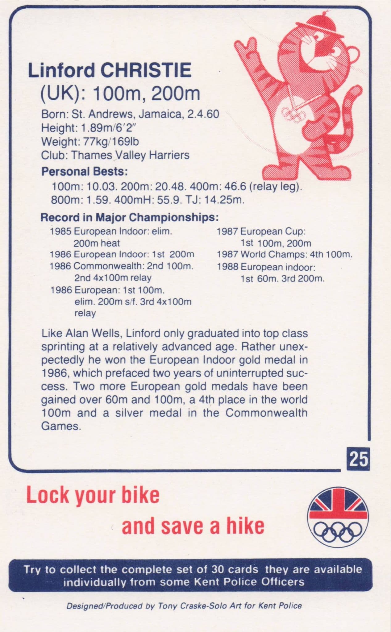 Linford Christie British GB Athlete Olympics 1988 Rare Police Trade Photo Card