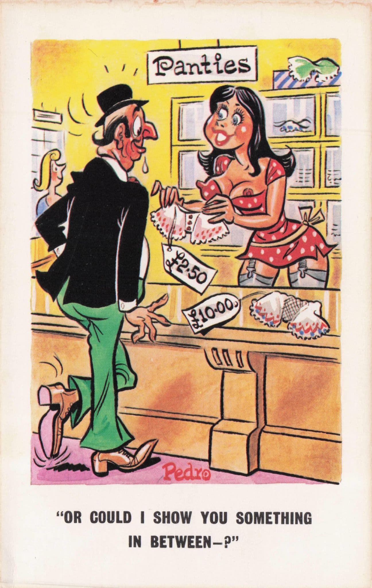 Lingerie Assistant Shop Display Bra Modelling Underwear Comic Postcard