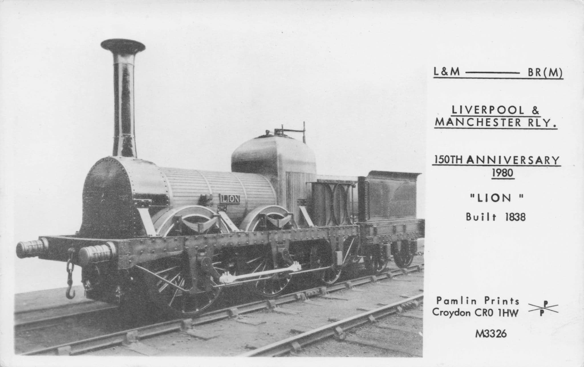 Liverpool & Manchester Lion Victorian 1838 Old Train Pamlin Prints Railway RPC Postcard