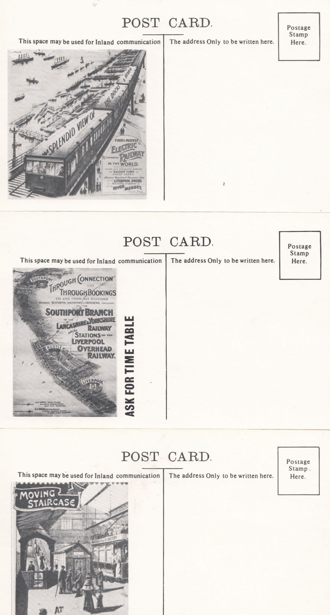Liverpool Overhead Railway Tram Poster Fare Chart Stamp Train 3x Postcard s
