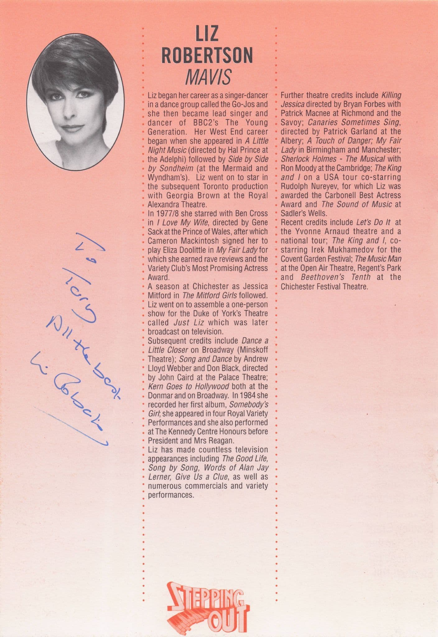 Liz Robertson of My Fair Lady Hand Signed Theatre Page