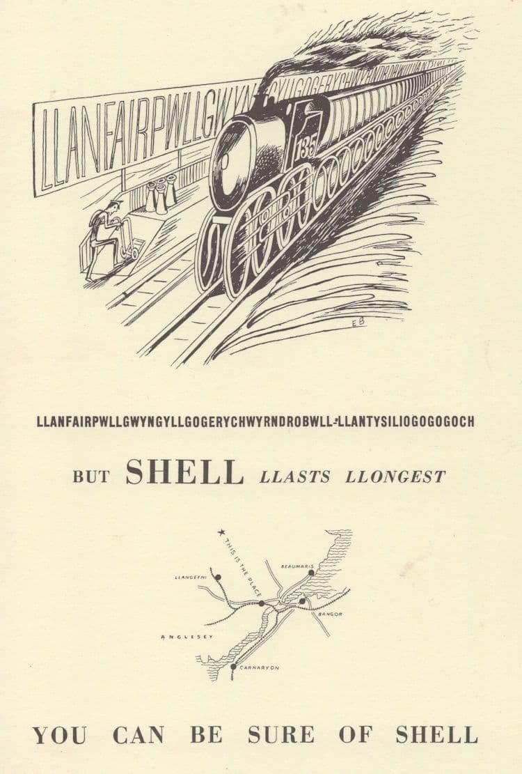Llanfair Train Railway Shell Petrol Welsh Map Advertising Postcard