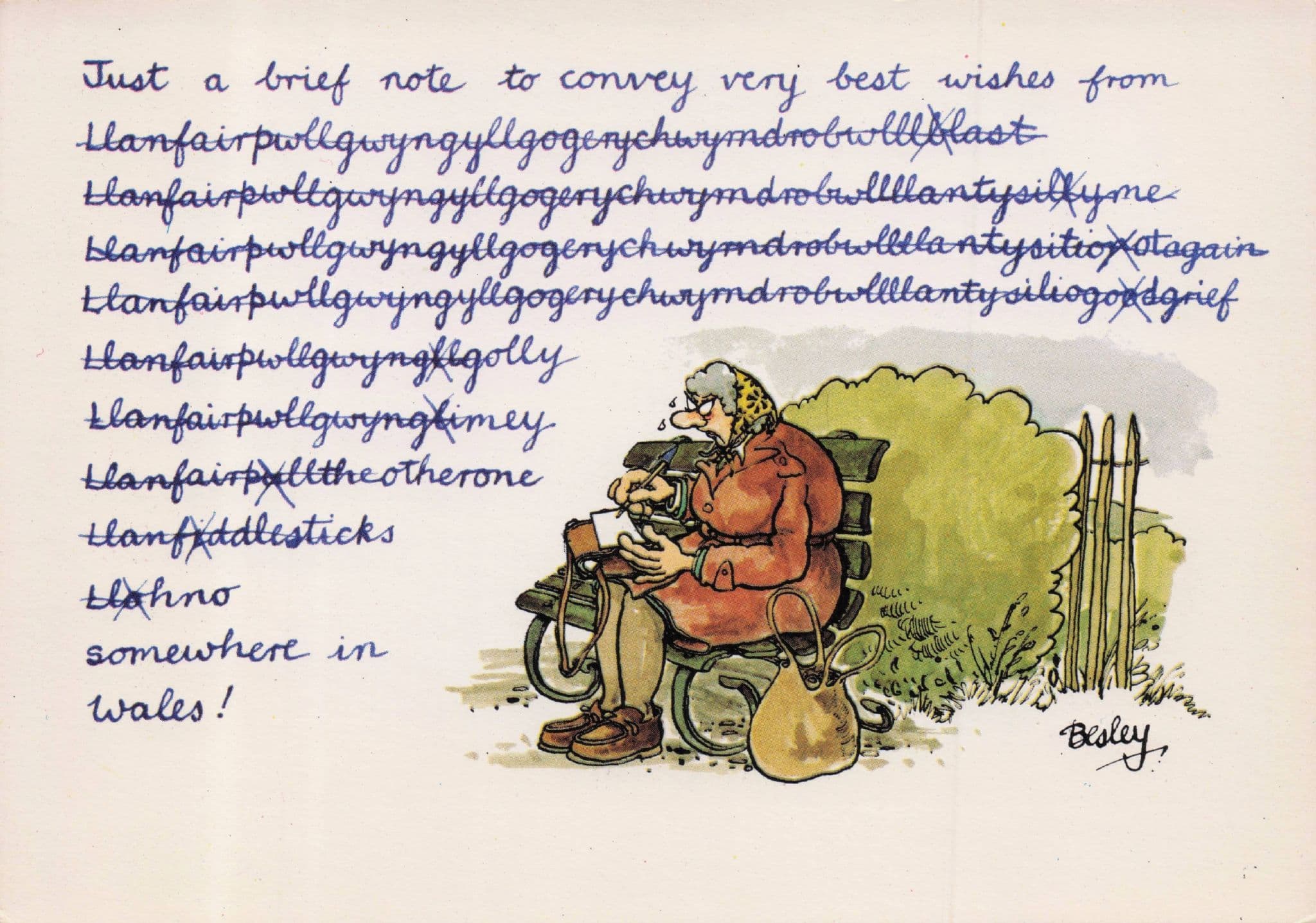 Llanfair Welsh Old Lady Writing School Lines Wales Comic Postcard