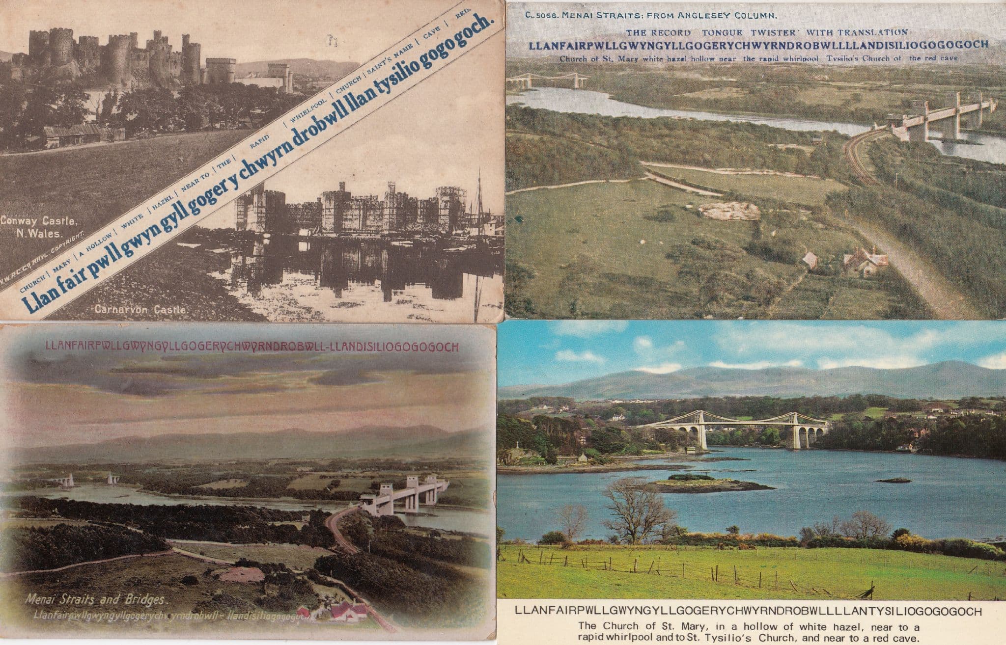 Llanfair Welsh Tongue Twister Wales Old Menai Straits 4x Postcard