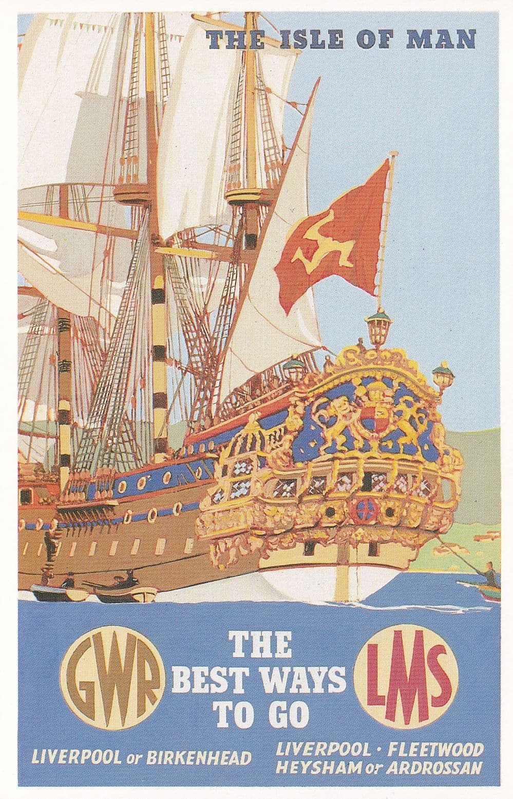 LMS GWR Isle Of Man Ship Train Travel Advertising Postcard