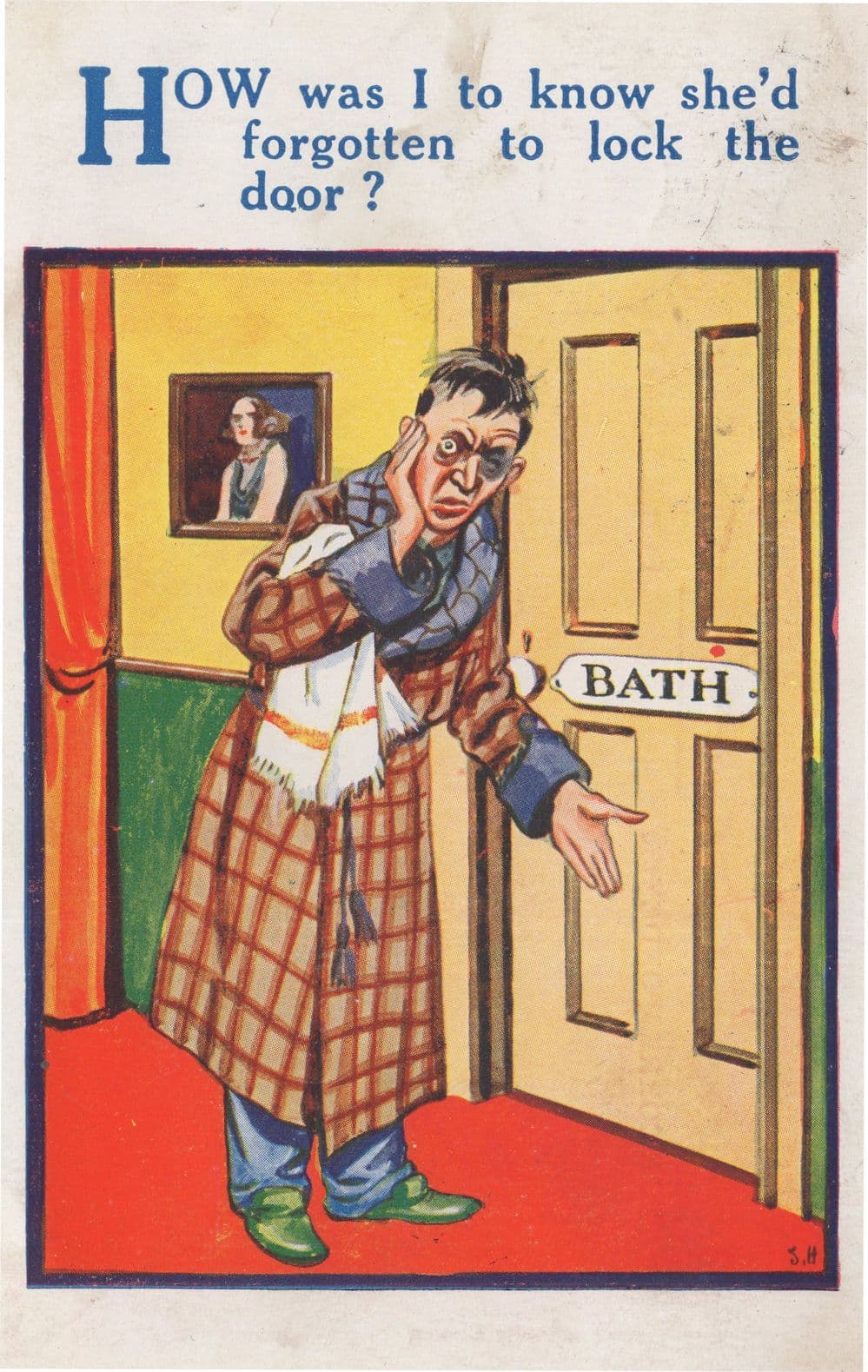 Locksmith Needed Black Eye Henpecked Domestic Violence Comic Postcard