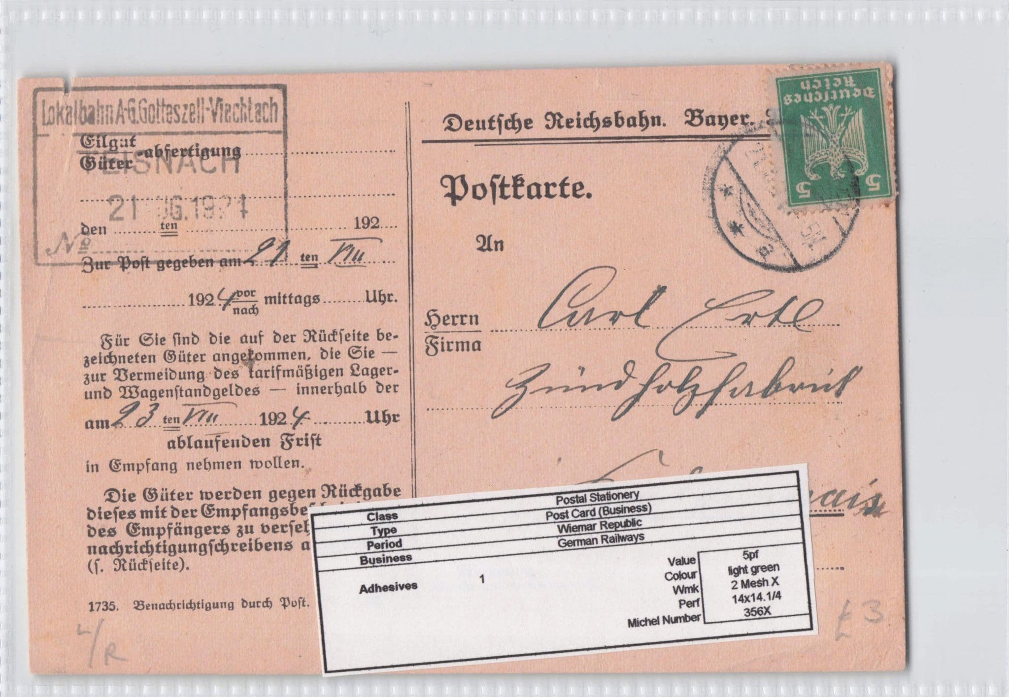 Lolkalbahn German Railway Receipt 1921 Postcard