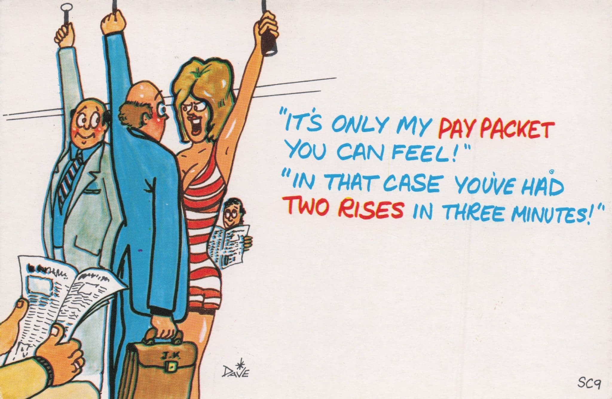 London 1970s Tube Train Rush Hour Pushing Sexy Lady Comic Postcard