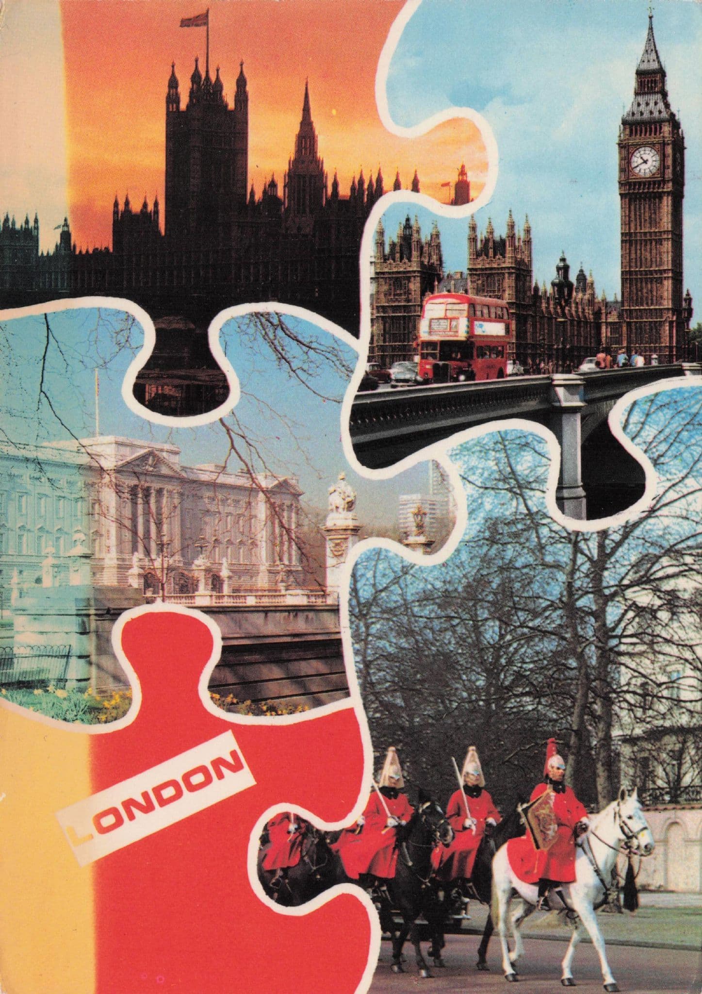 London Bus Transport Big Ben Military Procession Jigsaw 1980s Postcard